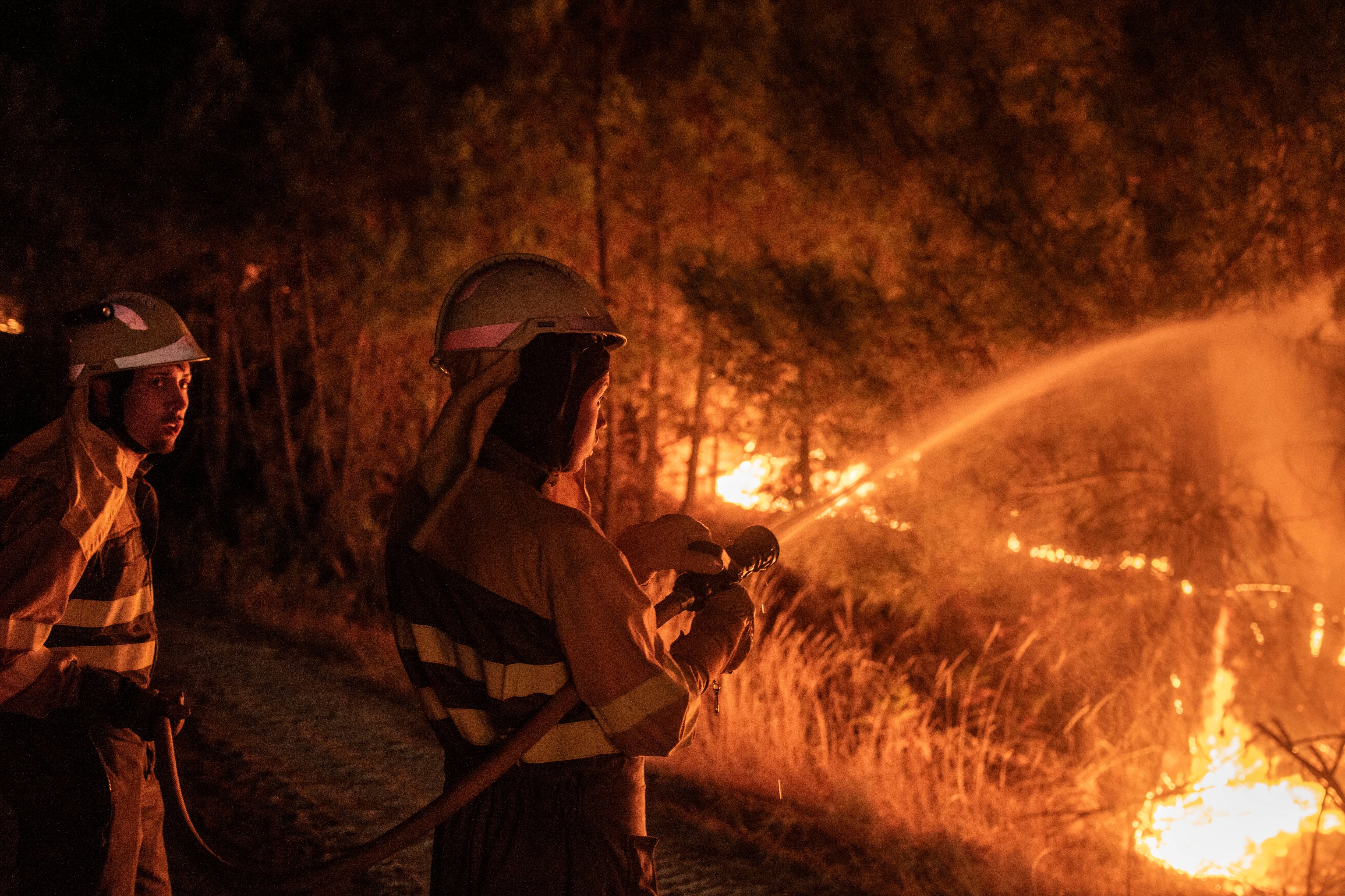 OÍMBRA (OURENSE), 06/09/2024.- Bomberos forestales trabajan anoche en las labores de extinción de un incendio forestal declarado en Oímbra (Ourense). EFE/ Brais Lorenzo