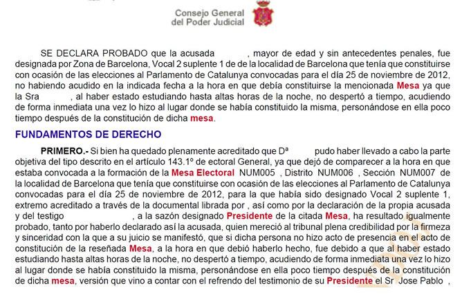 La sentencia de la Audiencia Provincial que afirma que Alba no había pretendido eludir su obligación en la mesa electoral.