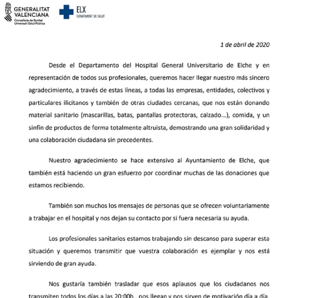 Carta del director del Hospital de Elche