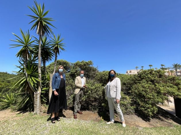 Pepa Vela, concejala de Turismo en Ciclana (izquierda), el alcalde de Chiclana, José María Román (centro) y la directora del hotel Playa La Barrosa, Mila Martínez. Los tres se encuentran junto a la vegetación que se ubica entre el complejo de piscinas del