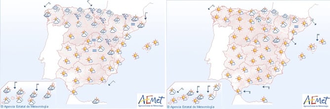 Mapas de previsión del tiempo para este jueves (izquierda) y este viernes (derecha)