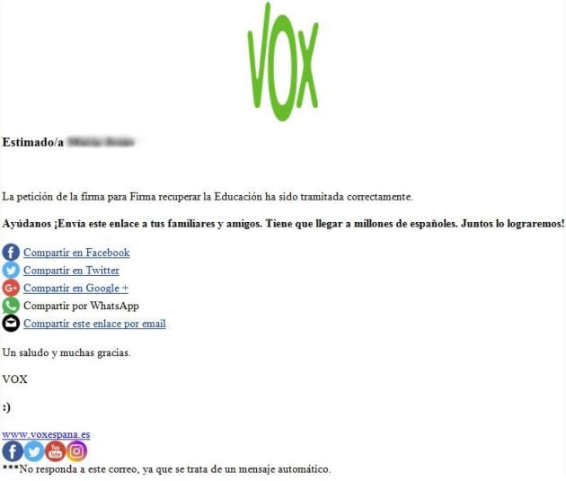 Correo enviado por Vox