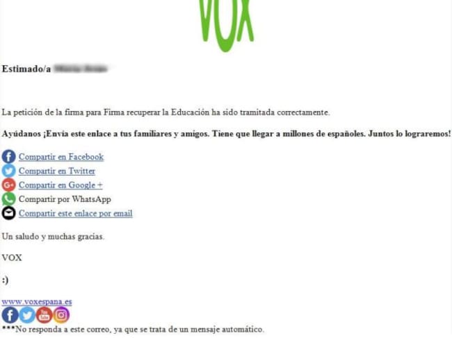 Correo enviado por Vox