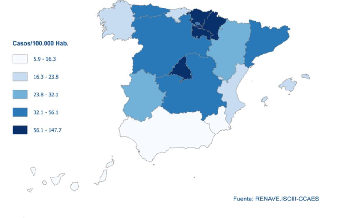 Mapa de afectación del coronavirus por Comunidades Autónomas