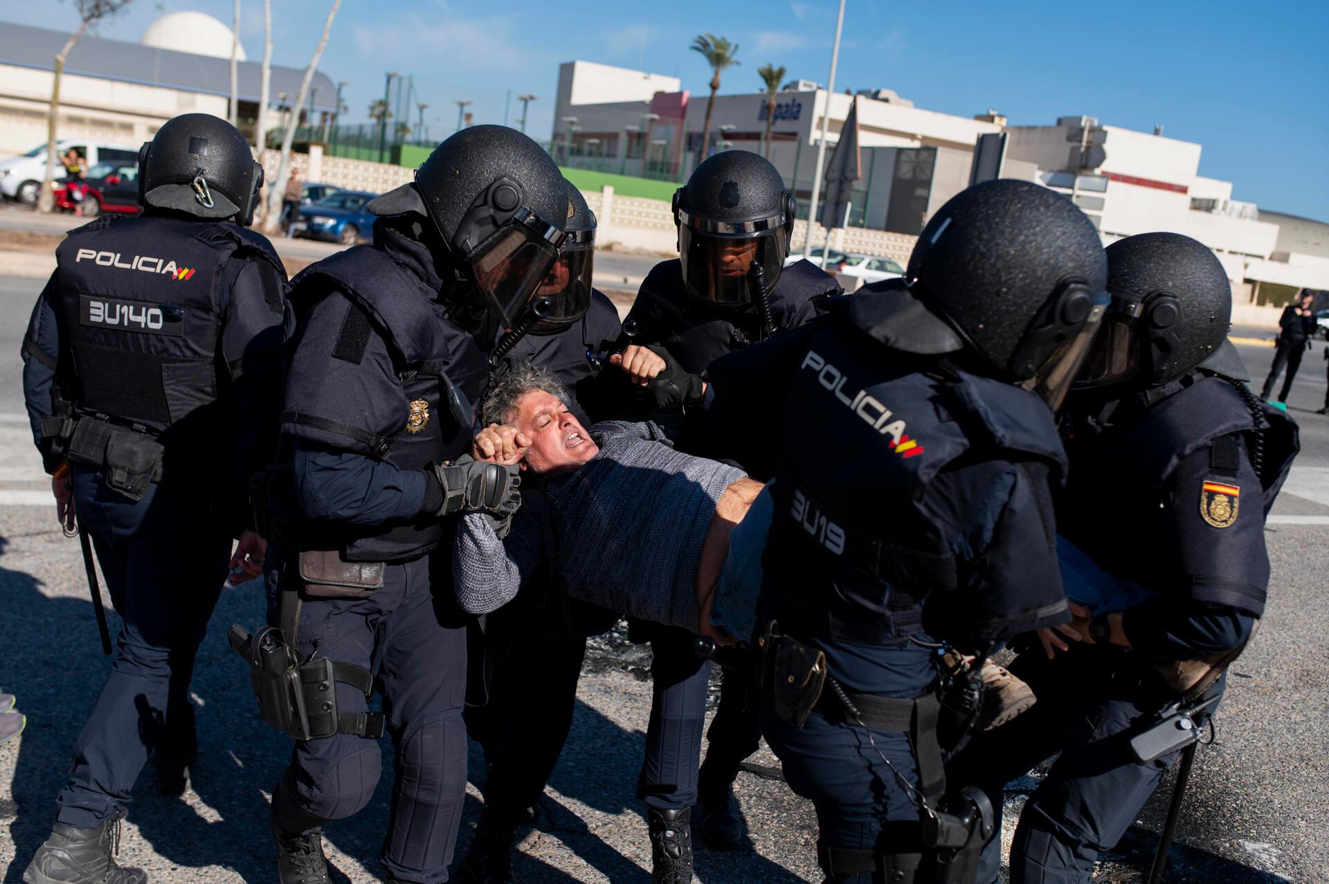 La Policía Nacional desaloja a un agricultor durante las protestas en el Puerto de Castellón.