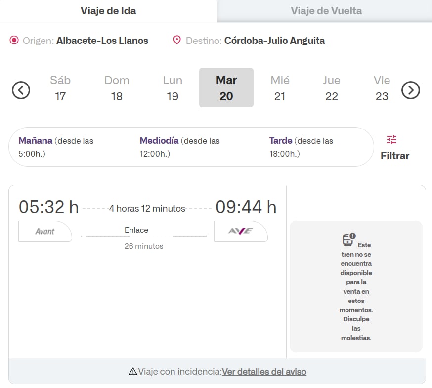 La web de RENFE informa de la suspensión de los trenes que conectan Albacete y Córdoba