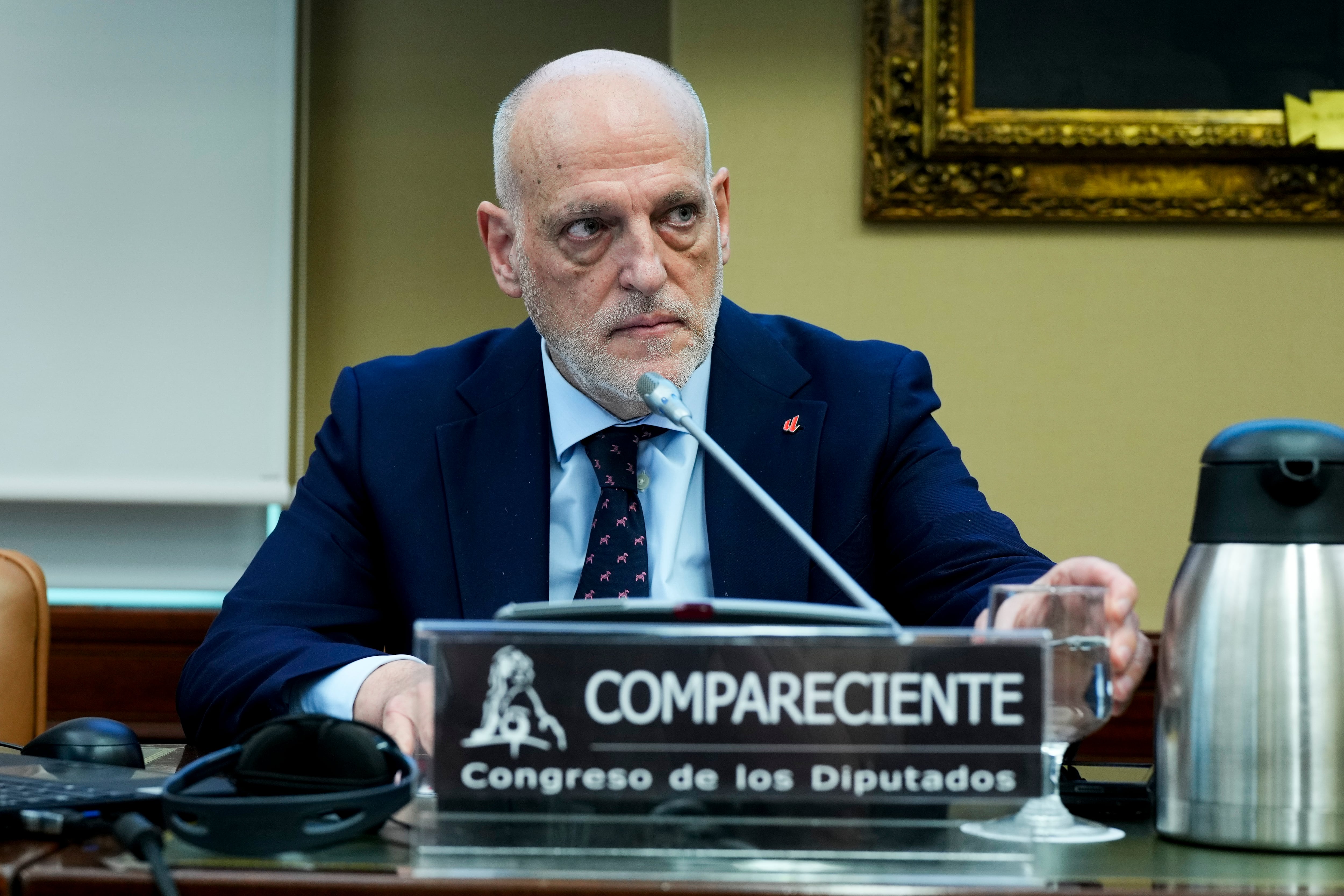 El presidente de LaLiga, Javier Tebas, durante su comparecencia este martes ante la Comisión de Igualdad del Congreso.