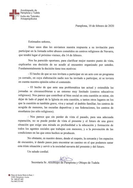 Carta del Arzobispado en respuesta a la invitación a la jornada sobre Pederastia