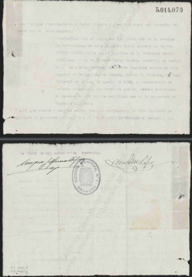 Partida de defunción de Lorca