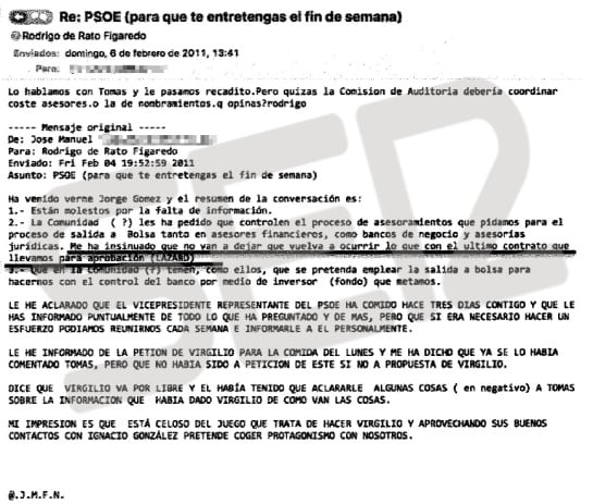 LOS CONTRATOS DE LAZARD: Rato manifiesta su preocupación ante las quejas del PSOE por el contrato dado a Lazard, donde había trabajado antes de llegar a la presidencia de Caja Madrid.