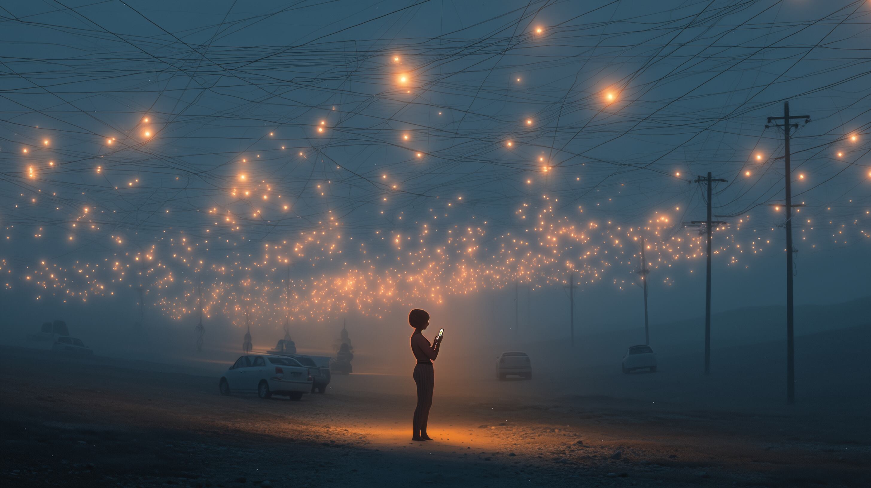 Una visualización artística de "enjambres de IA" y la intrincada red de señales digitales dentro de los ecosistemas de las redes sociales.