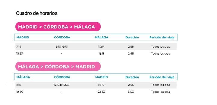 Tabla de horarios de la compañía OUIGO