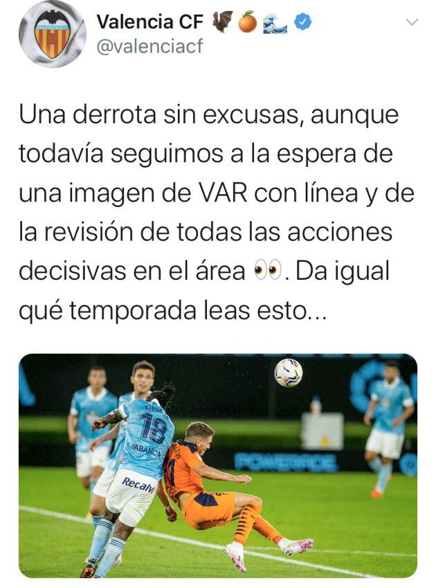 Tuit del Valencia tras el partido ante el Celta por el arbitraje de Gil Manzano.