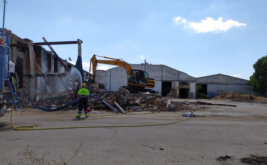 Operarios durante los trabajos para derribar la nave Roldán