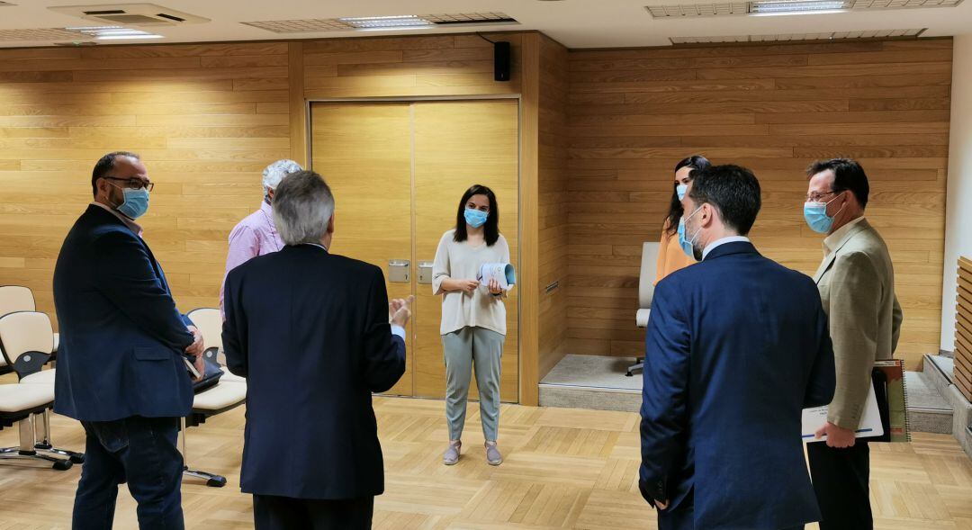 Sara Hernández (centro), en el encuentro mantenido este martes con responsables de Airbus, Iberia, BP y la AESA.