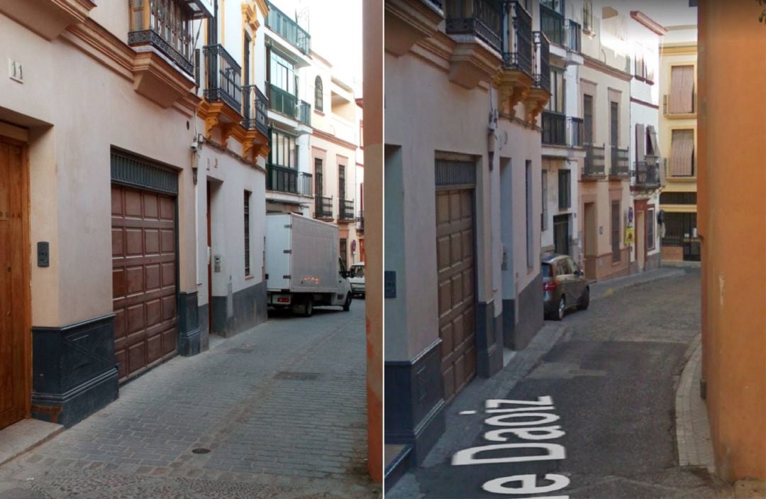 A la izquierda, el nuevo aspecto de la calle Daoiz -ahora adoquinada- en la estrechez con la Parroquia de San Andrés. A la derecha, el aspecto de la vía con asfalta y estrecho acerado