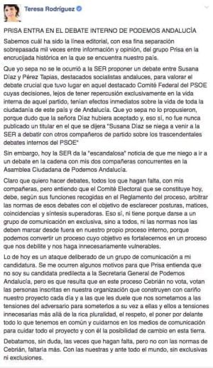 Post publicado en Facebook por Teresa Rodríguez