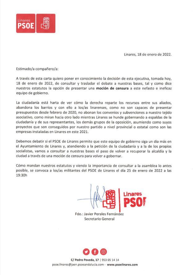 Carta de la ejecutiva local del PSOE a la militancia.