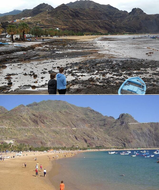 Así ha quedado tras el temporal la playa de Las Teresitas en el barrio de San Andrés (Tenerife). La playa es uno de las más visitadas de la capital tinerfeña y estampa habitual de las postales de la isla. Las Teresitas es una playa de arena artificial traída del Sáhara.