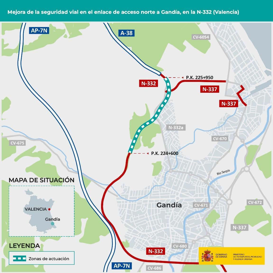 Zonas de actuación sobre la seguridad vial en el enlace de acceso norte a Gandia, en la N-332.