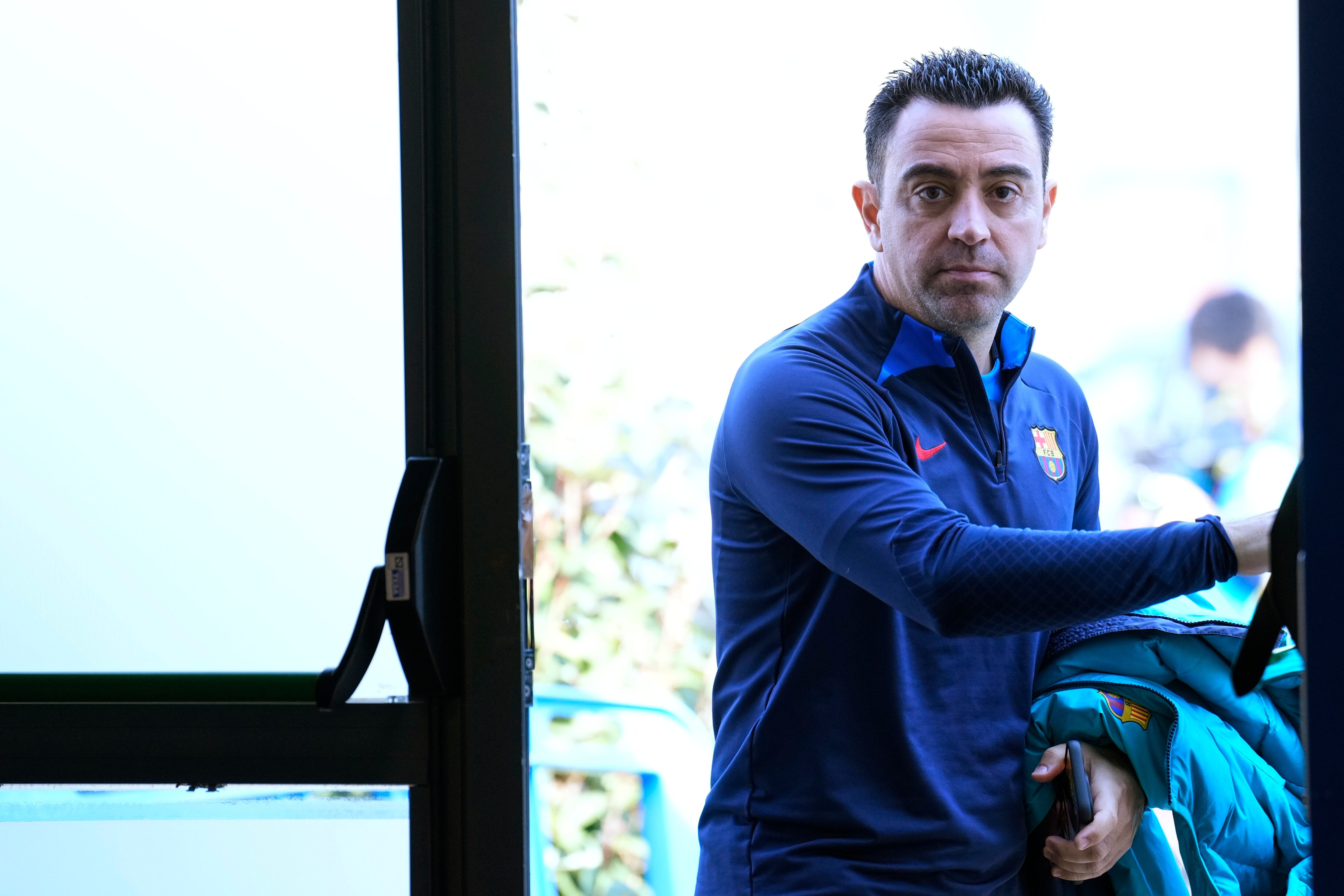 Xavi, a su llegada a la rueda de prensa, este miércoles.