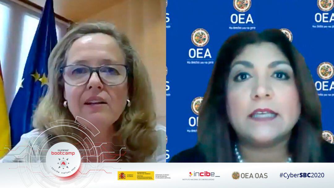 Nadia Calviño, junto a la secretaria de Seguridad Multidimensional de la Organización de los Estados Americanos (OEA), Farah Urrutia