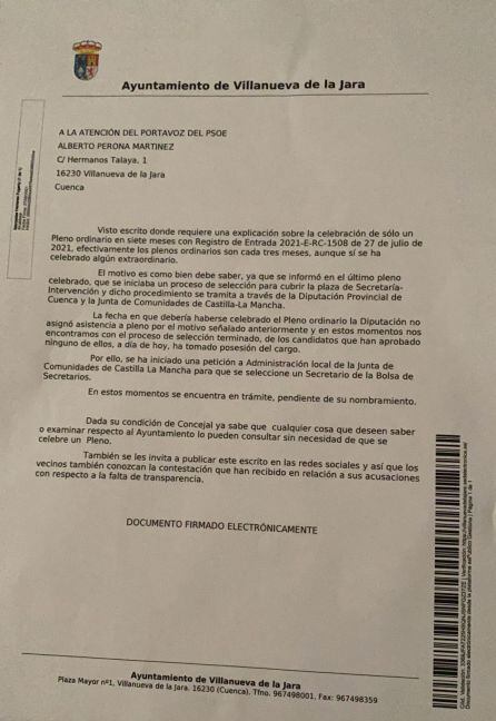 Respuesta del Equipo de Gobierno al PSOE de Villanueva de la Jara