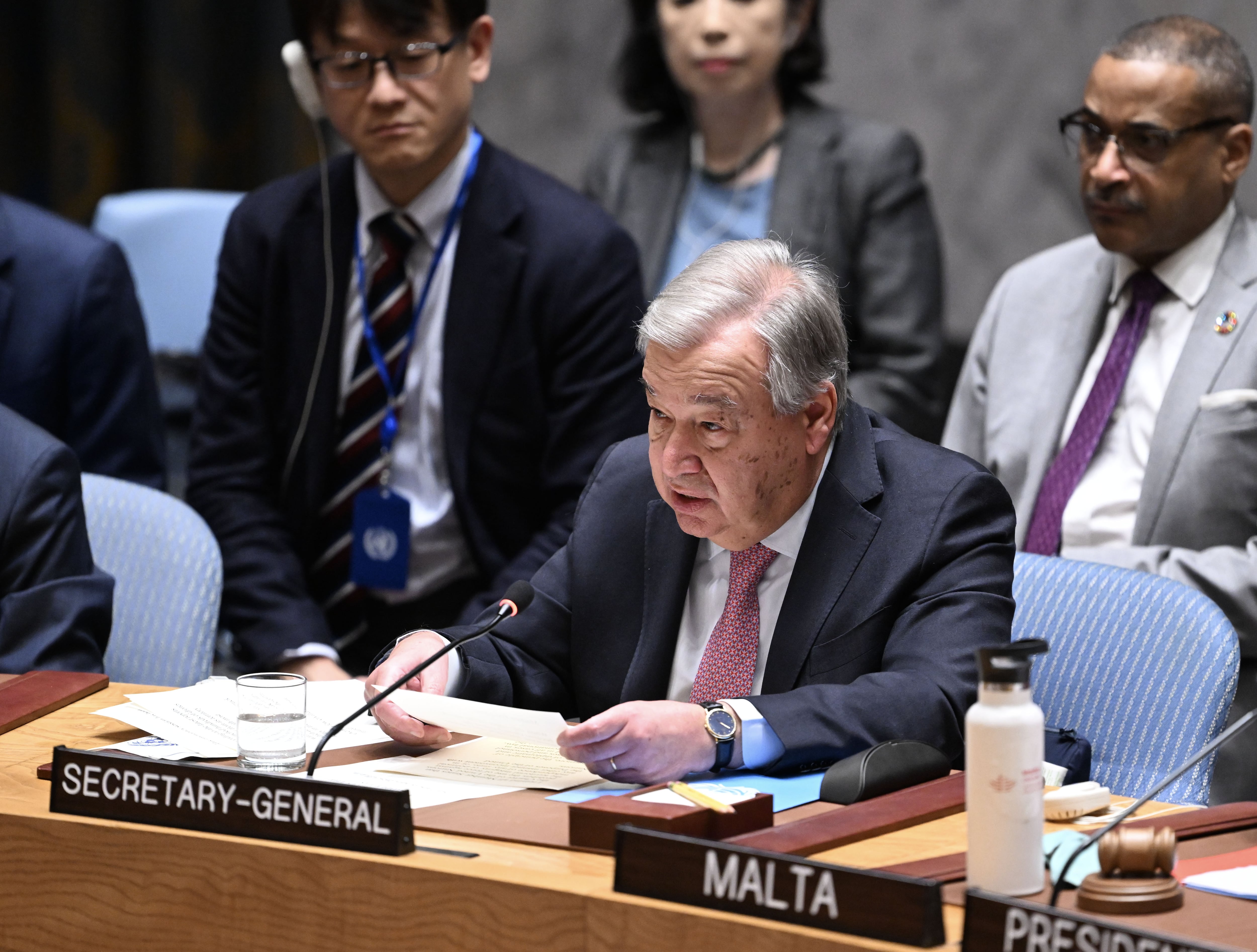 El Secretario General de las Naciones Unidas, Antonio Guterres, durante el Consejo de Seguridad tras el ataque de Irán a Israel.