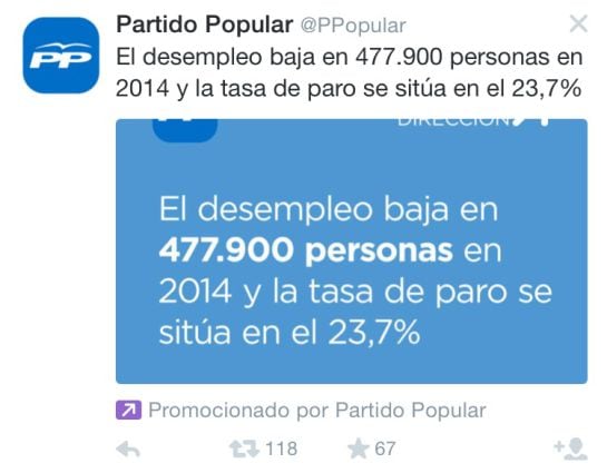 Tuit pagado por el PP para promocionar su mensaje de bajada del paro en Twitter