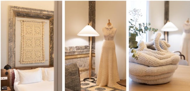 De izda. a dcha., piezas de la obra ‘Hilando el Tiempo’ ubicadas en la Suite Marquesa de Mercer Residences Sevilla