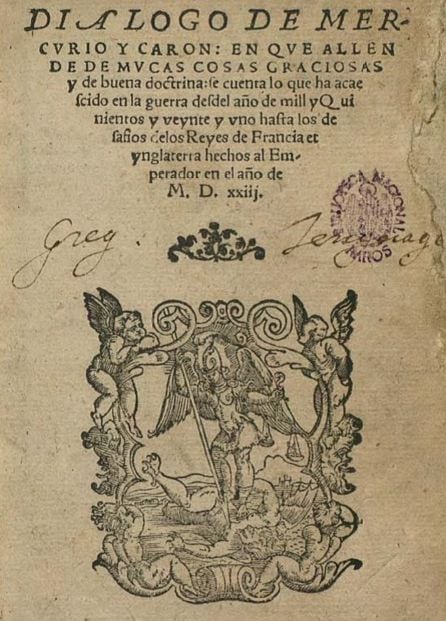 Portada de &#039;Diálogo de Mercurio y Carón&#039; de Alfonso de Valdés.