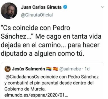 Tuit de Juan Carlos Girauta arremetiendo contra un compañero de partido.