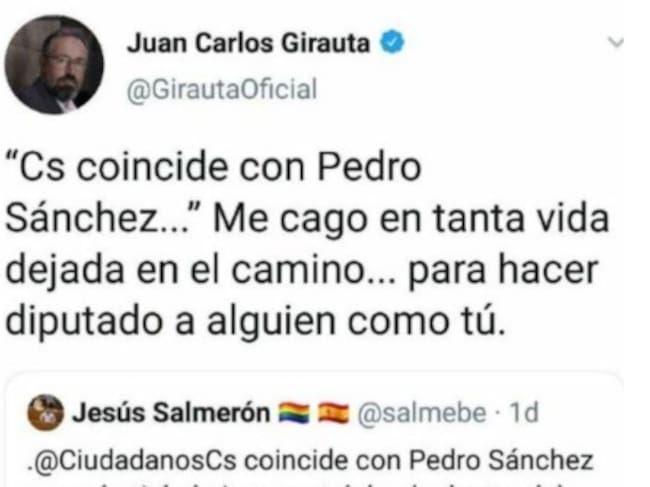 Tuit de Juan Carlos Girauta arremetiendo contra un compañero de partido.