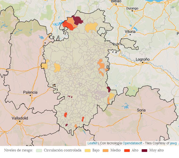 Mapa de la incidencia covid en la provincia de Burgos a 13 de septiembre de 2022