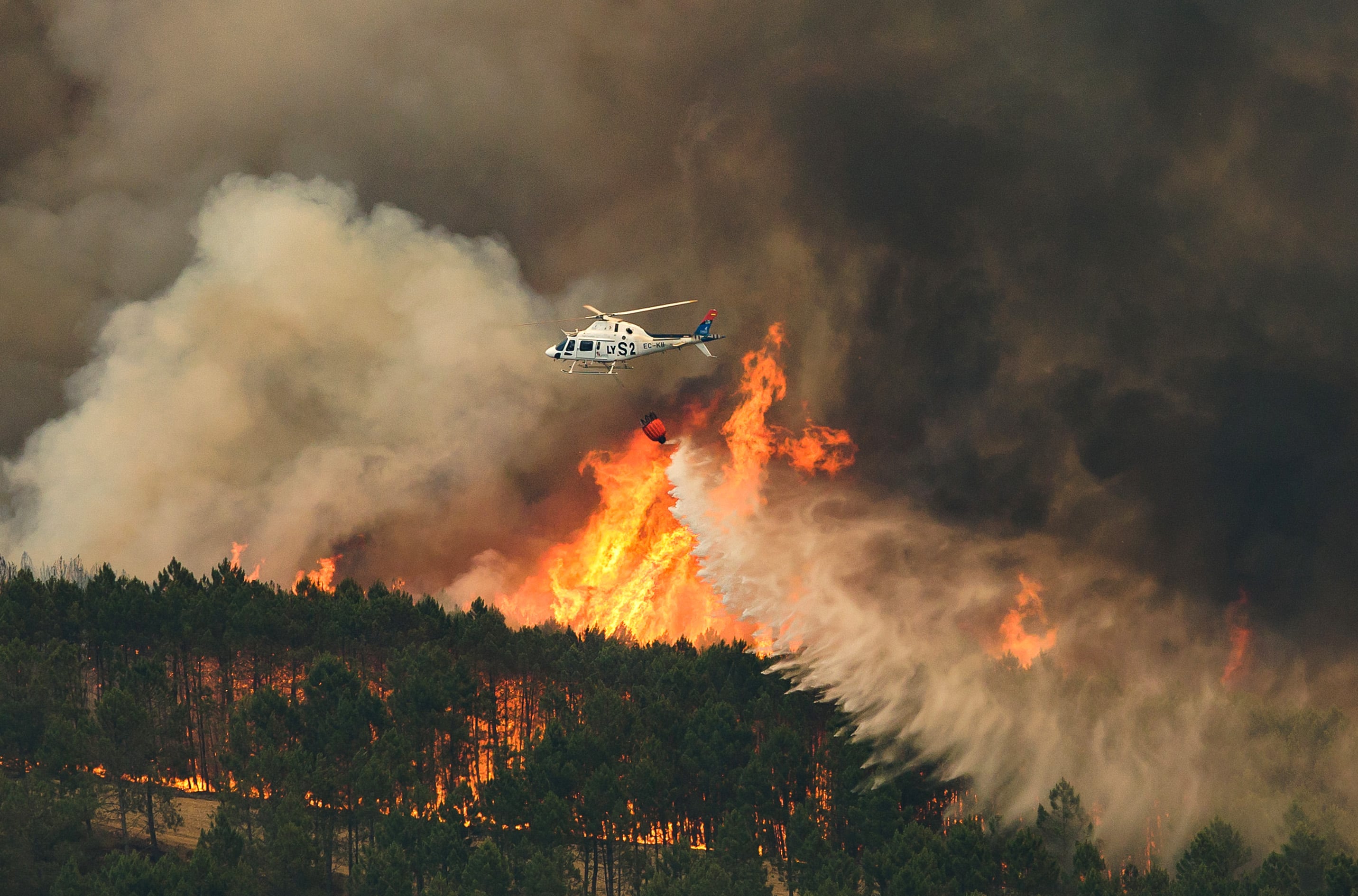 Medios aéreos y de tierra de Castilla y León colaboran en la extinción del incendio forestal declarado en Las Hurdes y la Sierra de Gata(Cáceres), muy cerca de la provincia de Salamanca