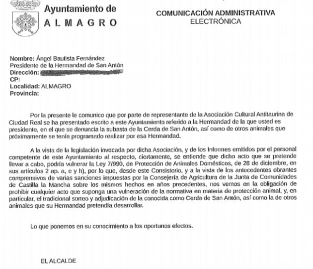 Extracto del comunicado que el Ayuntamiento de Almagro ha remitido a la Hermandad de San Antón este viernes