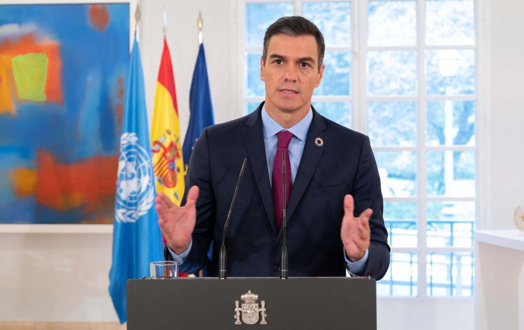 El presidente del Gobierno, Pedro Sánchez, durante su discurso telemático de la ONU.