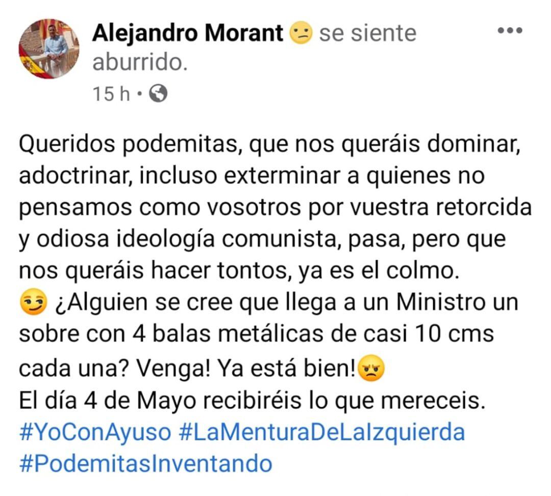 Mensaje publicado por Alejandro Morant (PP) en su cuenta de Facebook