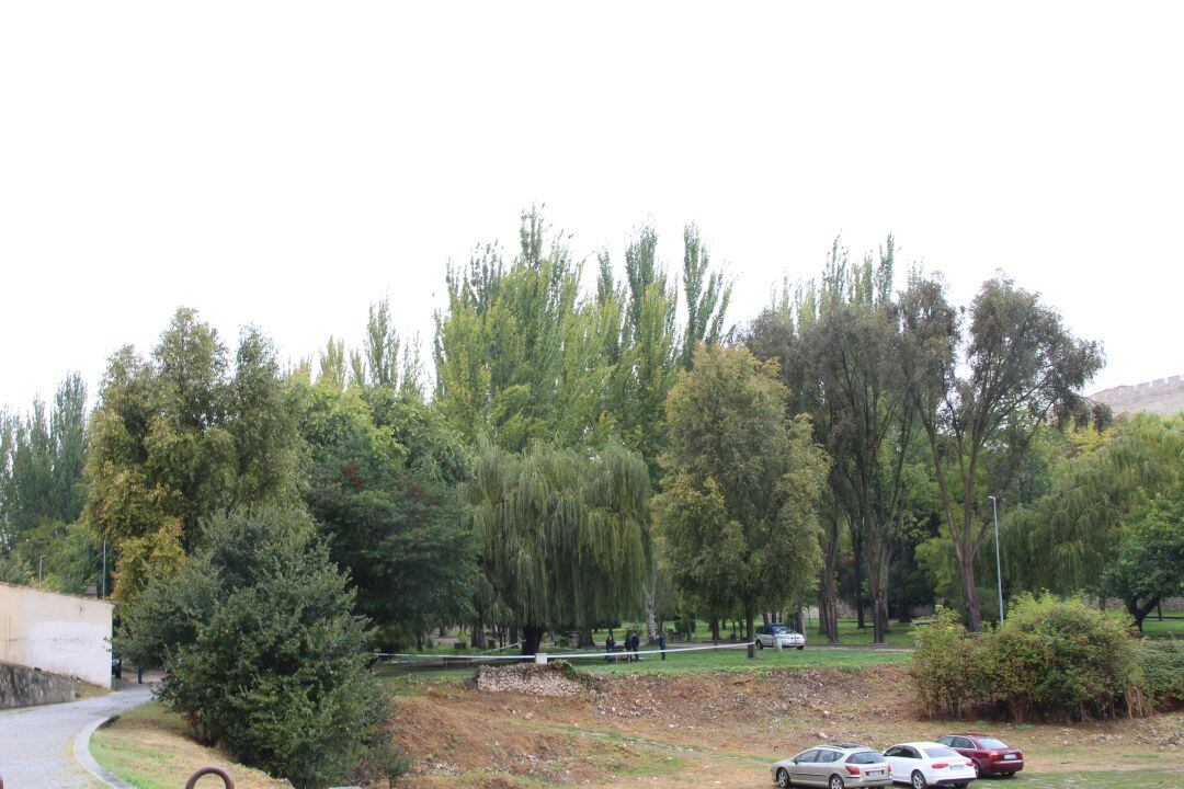 Zona acordonada del parque de la Huerta del Duque, en Cuéllar