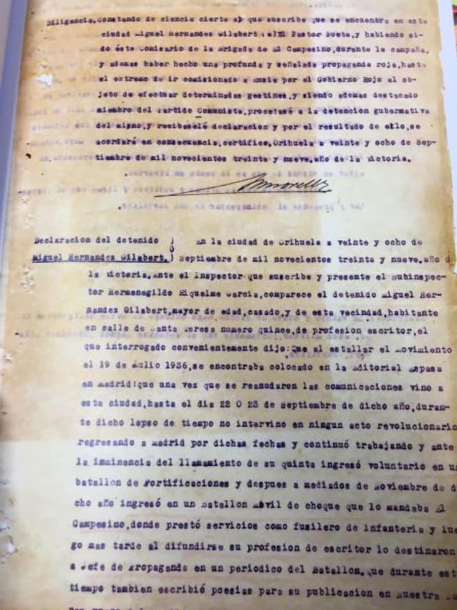 Declaración de Miguel Hernández en Orihuela