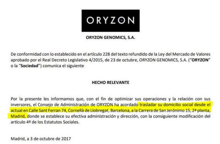 El comunicado de Oryzon informando a la CNMV de que cambian su domicilio social de Barcelona a Madrid.