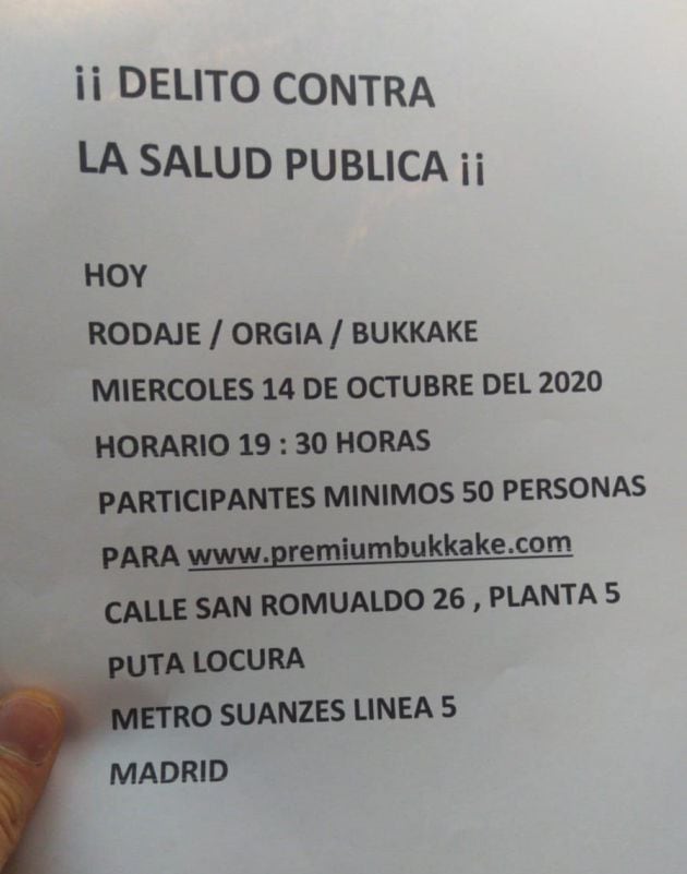 Anuncio de rodaje de &#039;bukake&#039; en el que participaron 50 personas en Madrid y fueron denunciados sus tres responsables.