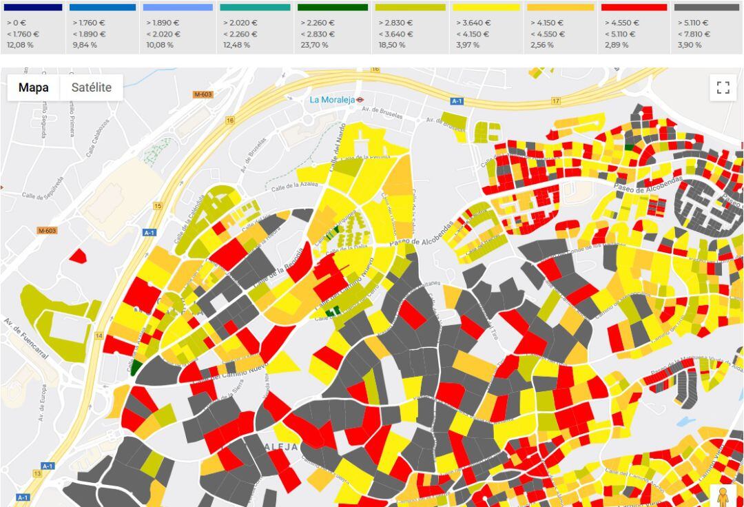 Mapa de calor de los precios en el distrito Urbanizaciones de Alcobendas