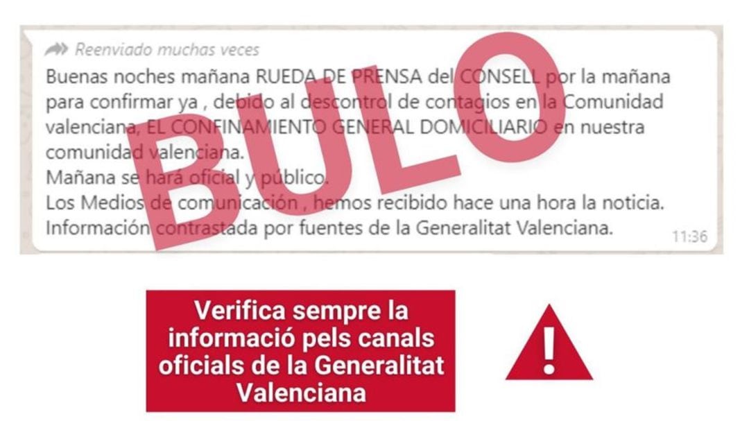 Pantallazo de una noticia falsa que la Generalitat tuvo que desmentir en el mes de enero tras expandirse por Whatsapp. 