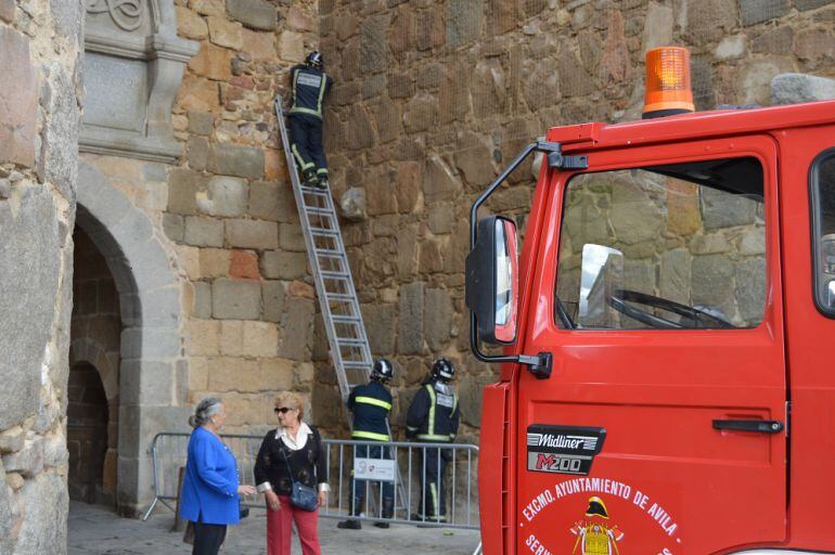 Varios bomberos reparan la red de la puerta del Álcázar