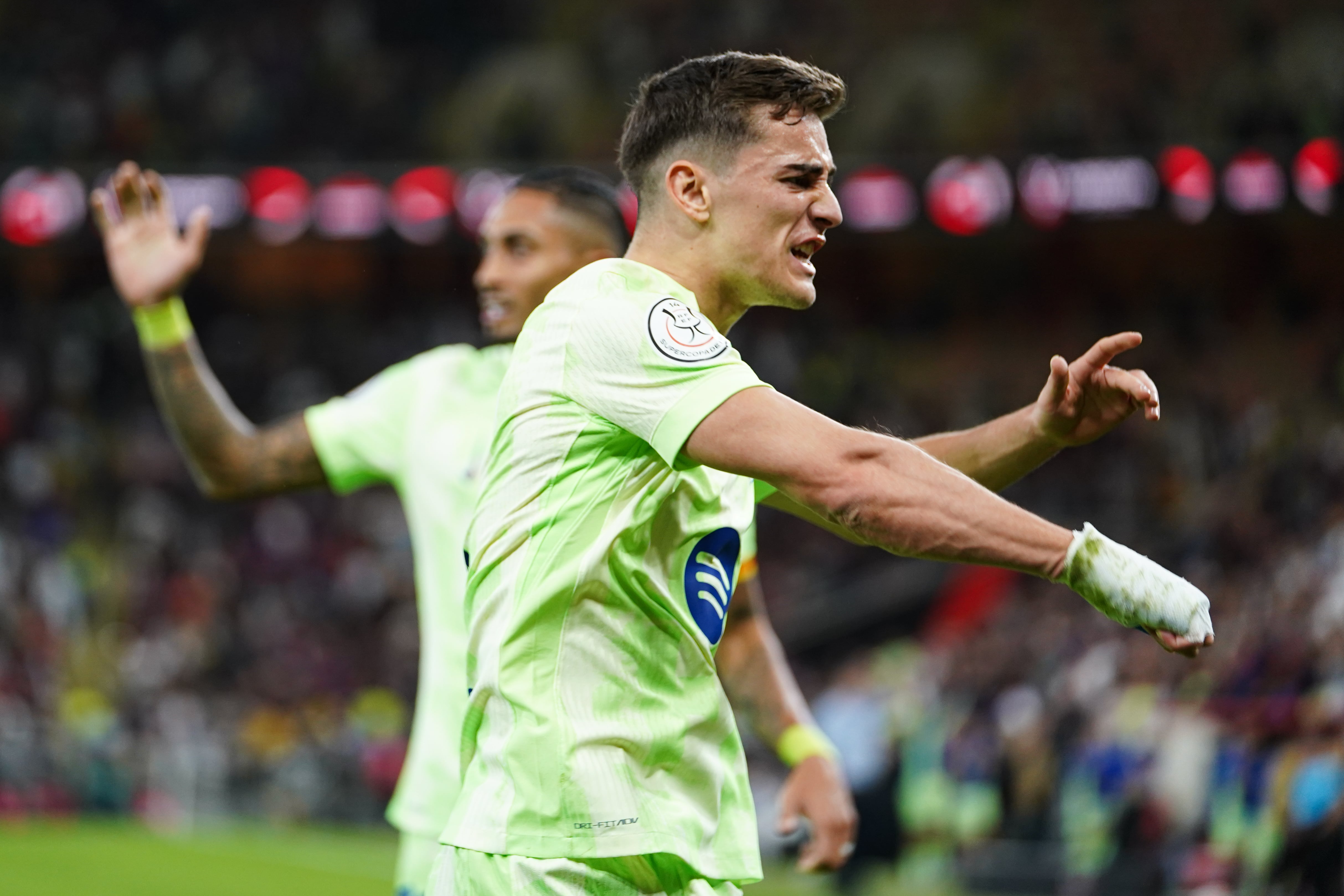 JEDDAH, SAUDI ARABIA - JANUARY 8: Gavi of Barcelona celebrates with his teammates after scoring a goal during Spanish Super Cup semi-final match between Athletico Bilbao and FC Barcelona at King Abdullah Sports City in Jeddah, Saudi Arabia on January 8, 2025. (Photo by Ismael Adnan Yaqoob/Anadolu via Getty Images)