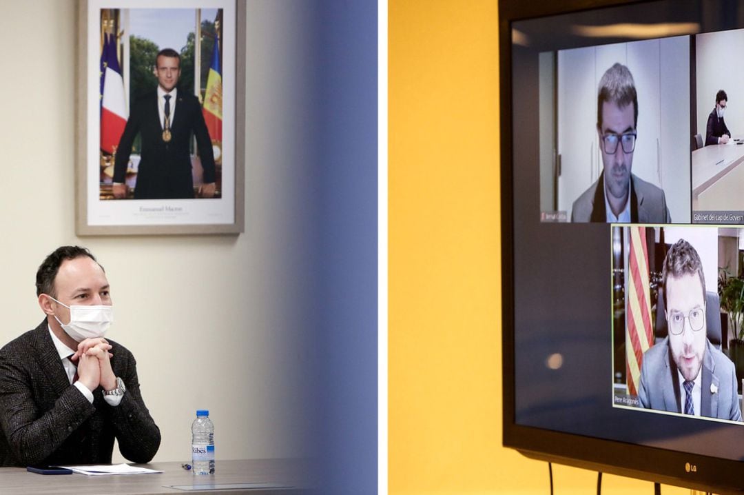 Un moment de la reunió celebrada aquest dijous entre el cap de Govern, Xavier Espot, i el vicepresident de la Generalitat de Catalunya, Pere Aragonès.