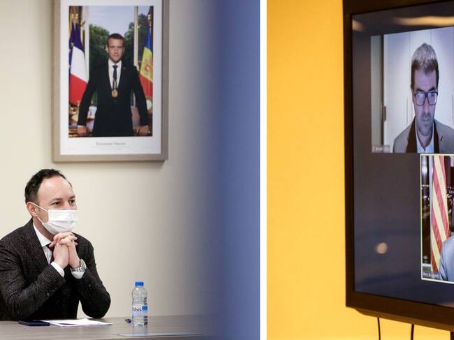 Un moment de la reunió celebrada aquest dijous entre el cap de Govern, Xavier Espot, i el vicepresident de la Generalitat de Catalunya, Pere Aragonès.