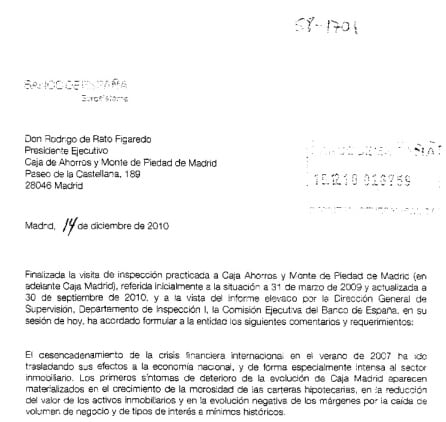 Carta del 14 de diciembre de 2010 del Banco de España a Rodrigo Rato.