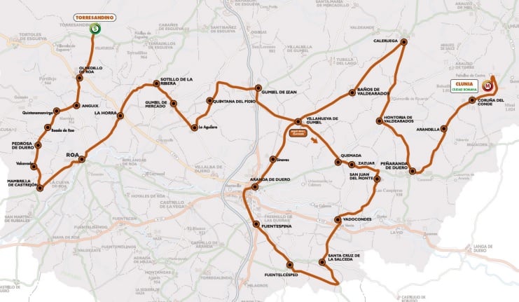 Mapa del recorrido de la 4ª etapa de la Vuelta a Burgos por territorio de la Ribera del Duero
